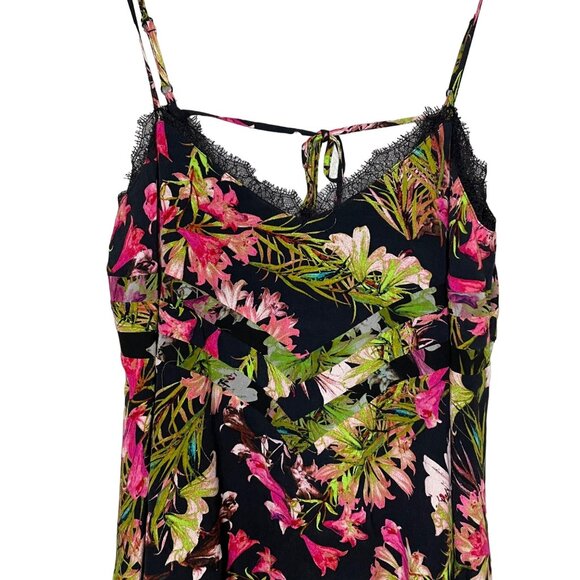 Lovers + Friends Floral Bahia Babydoll Dress Size Medium Lace Trim Black V-back - Picture 3 of 10